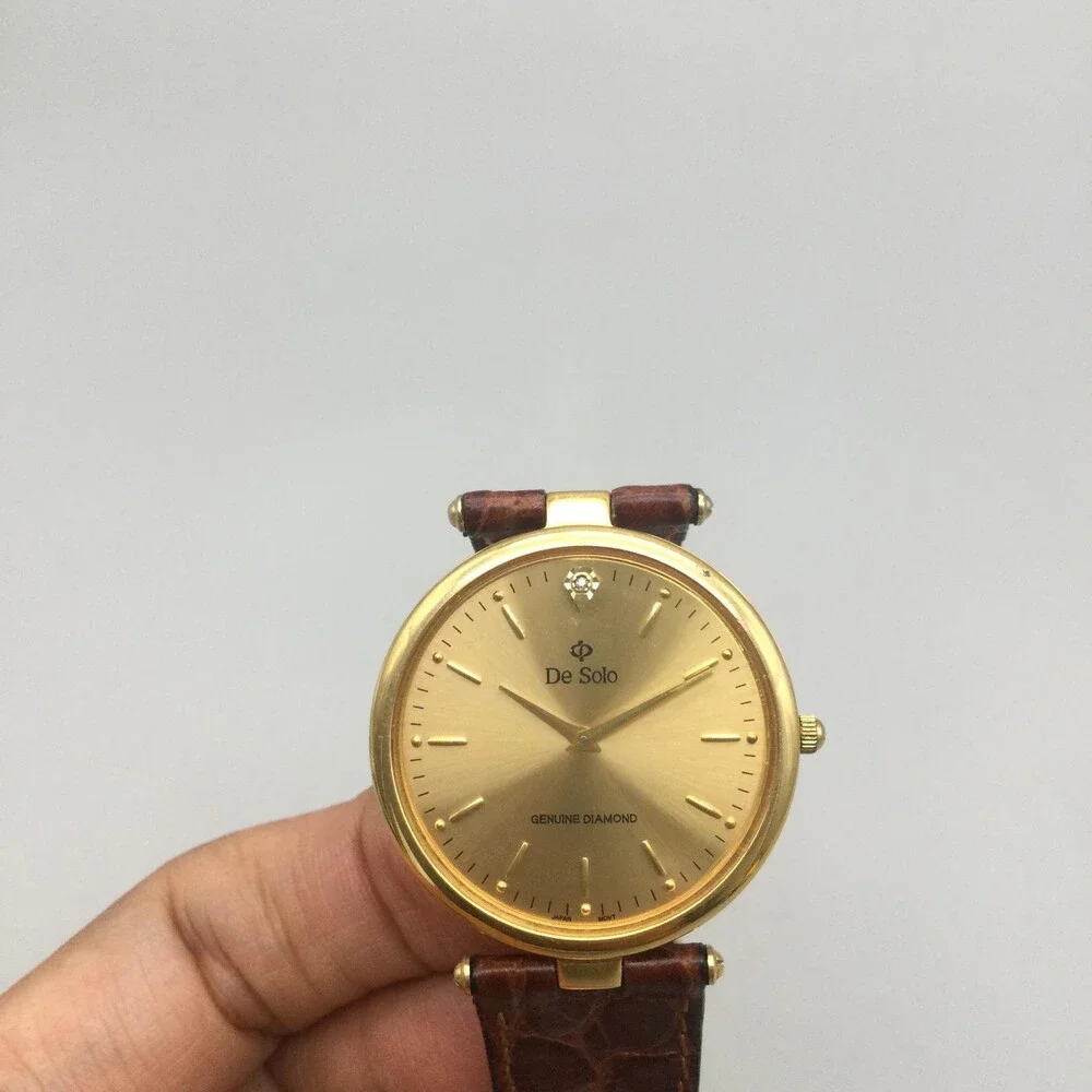 De Solo Watch Women 32mm Diamond 18K Gold Plated Brown Leather Strap New Battery - Picture 6 of 15